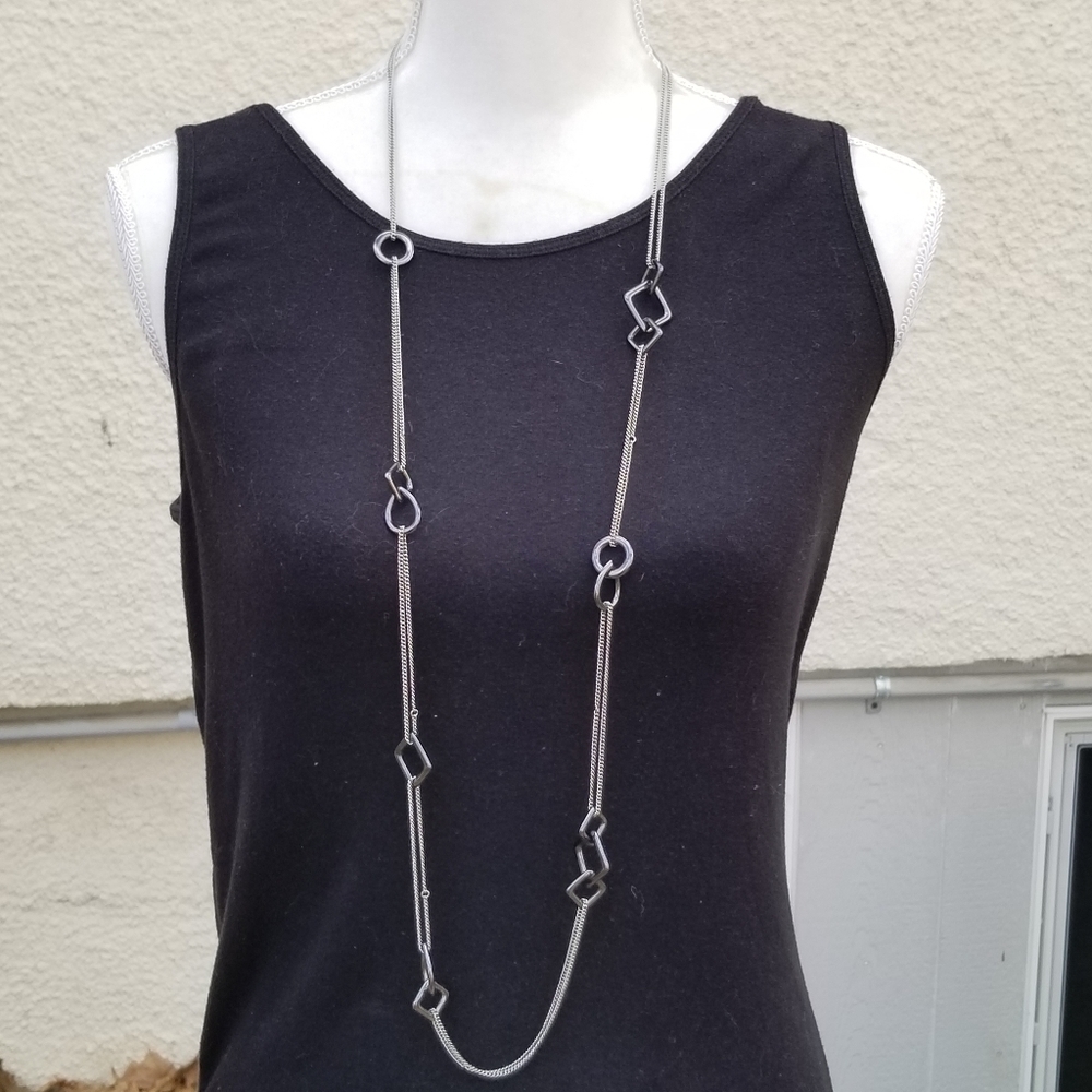 lia sophia silver tone long chain necklace with square and circle gunmetal